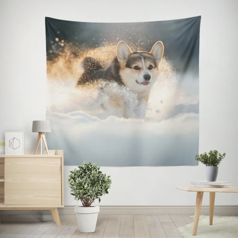 Snowy Adventures  Corgi in Winter Wall Tapestry