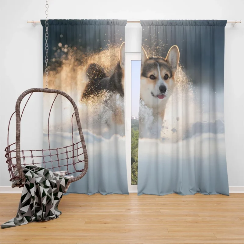 Snowy Adventures: Corgi in Winter Window Curtain