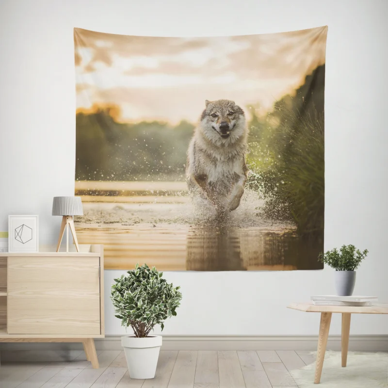 Splashes and Depth  Wolfdog Quartet by the Water Wall Tapestry