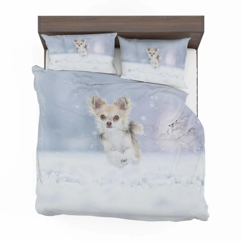 Winter Romp in Snowstorm: Chihuahua Quartet Bedding Set 1