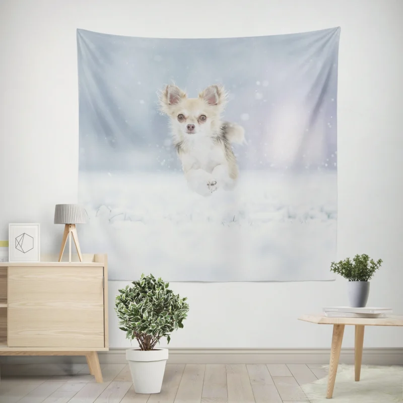 Winter Romp in Snowstorm  Chihuahua Quartet Wall Tapestry