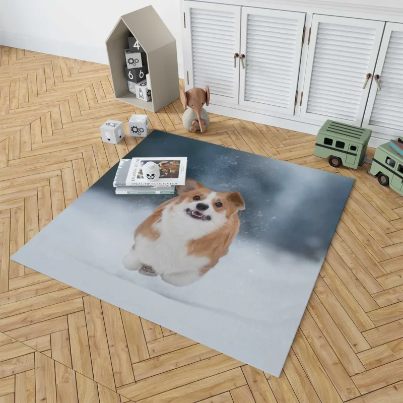 Winter Wonder: Corgi in Snow with Depth of Field Floor Rug 1