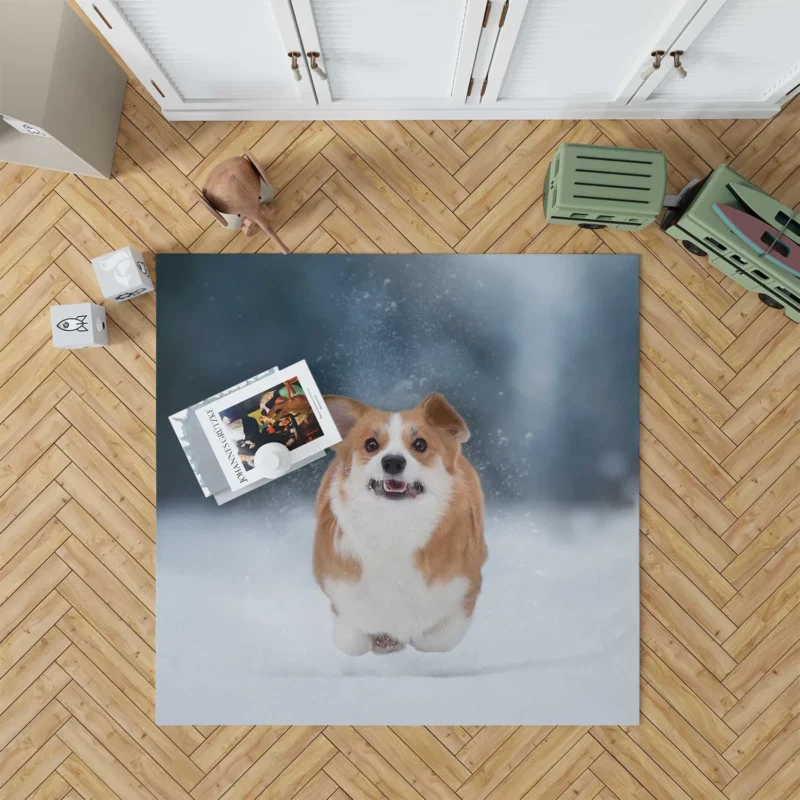 Winter Wonder: Corgi in Snow with Depth of Field Floor Rug