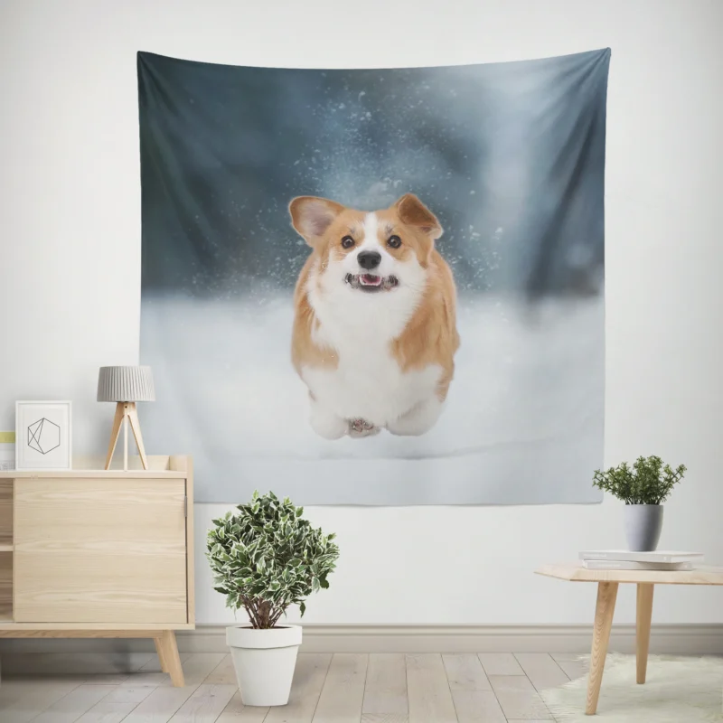 Winter Wonder  Corgi in Snow with Depth of Field Wall Tapestry