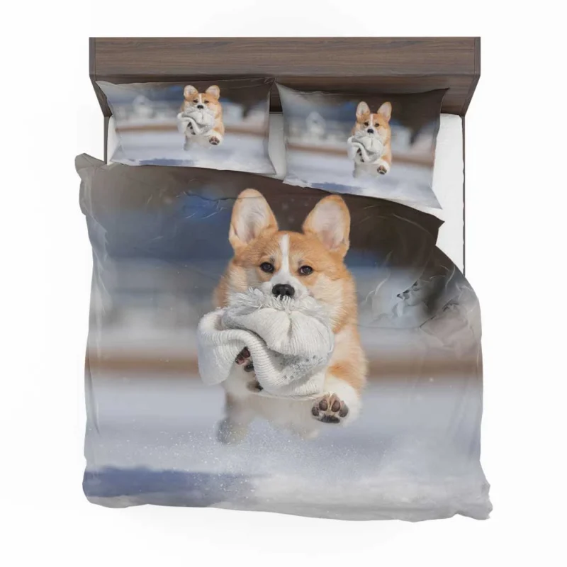 Winter Wonder: Corgi in Snow with Hat and Depth of Field Bedding Set 1
