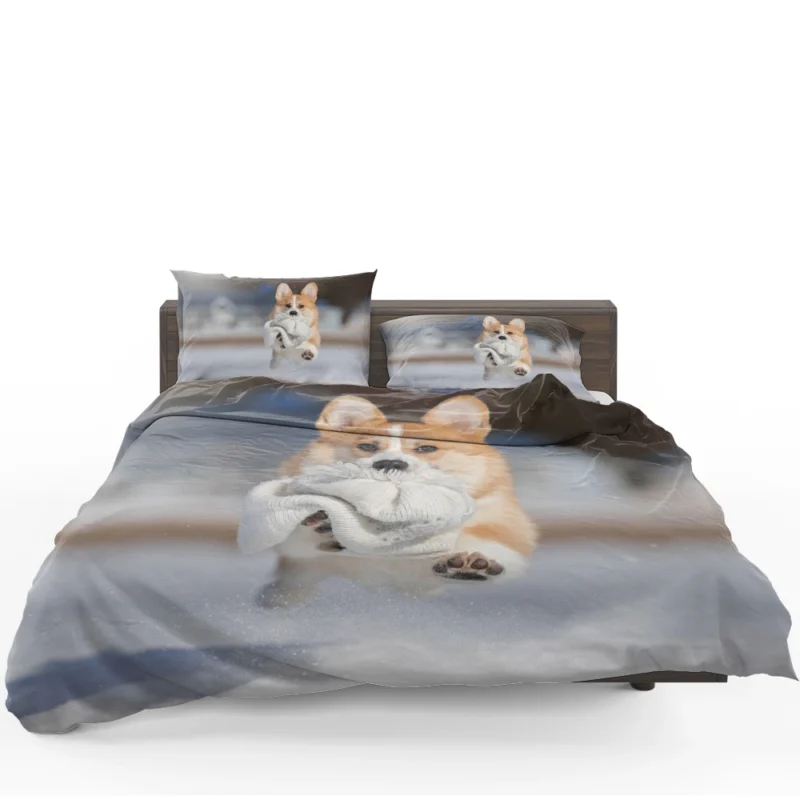 Winter Wonder: Corgi in Snow with Hat and Depth of Field Bedding Set