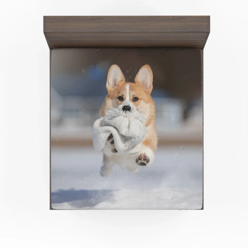 Winter Wonder: Corgi in Snow with Hat and Depth of Field Fitted Sheet