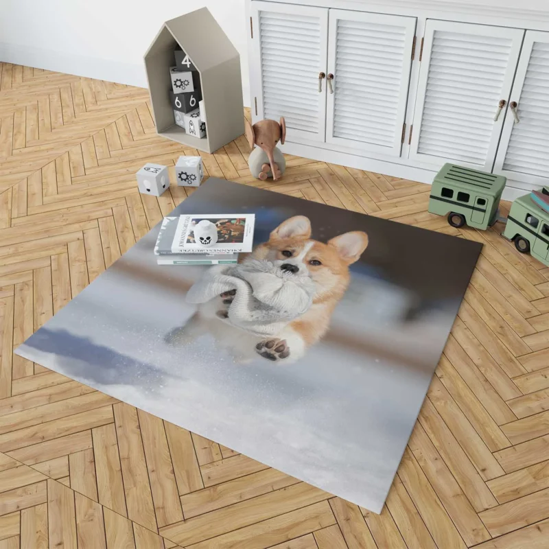 Winter Wonder: Corgi in Snow with Hat and Depth of Field Floor Rug 1