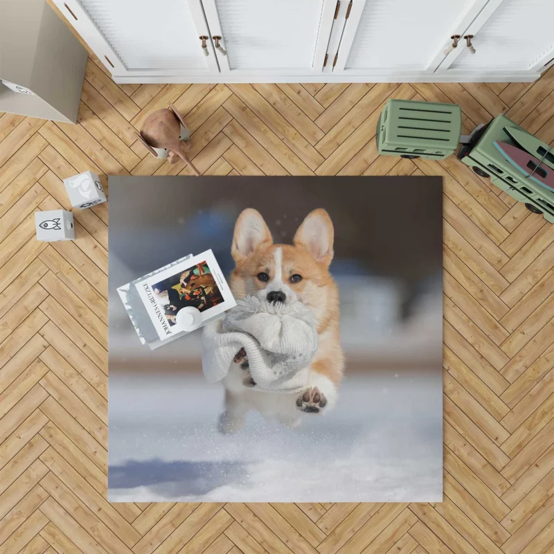 Winter Wonder: Corgi in Snow with Hat and Depth of Field Floor Rug