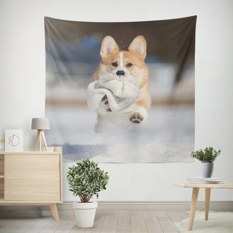 Winter Wonder  Corgi in Snow with Hat and Depth of Field Wall Tapestry