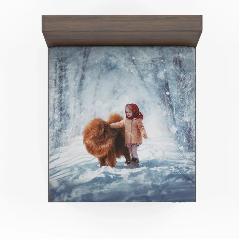 Winter Wonderland: Little Girl and Chow Chow Fitted Sheet