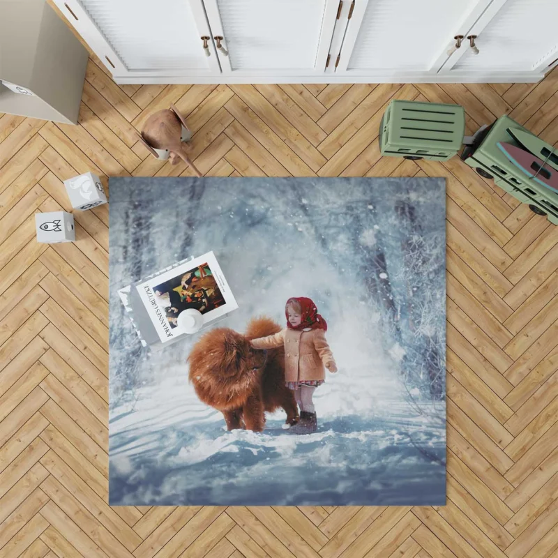 Winter Wonderland: Little Girl and Chow Chow Floor Rug