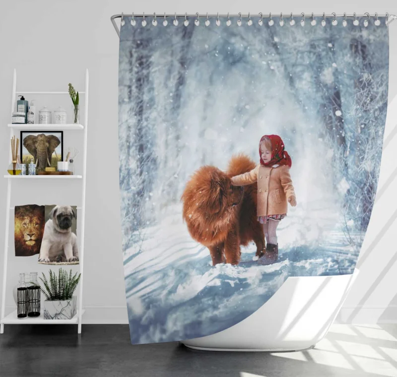 Winter Wonderland: Little Girl and Chow Chow Shower Curtain