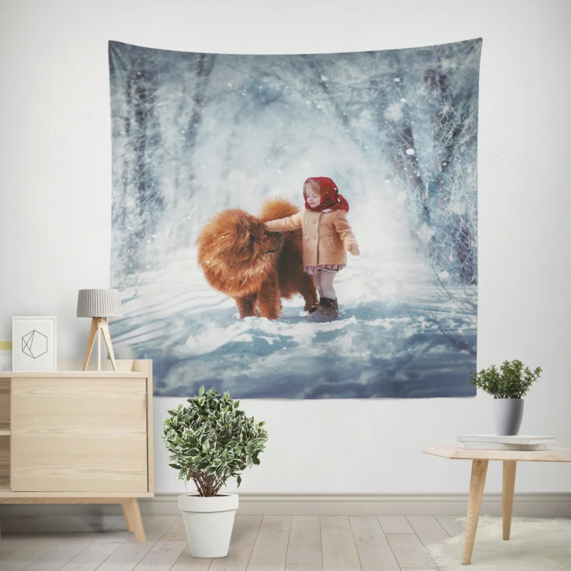 Winter Wonderland  Little Girl and Chow Chow Wall Tapestry