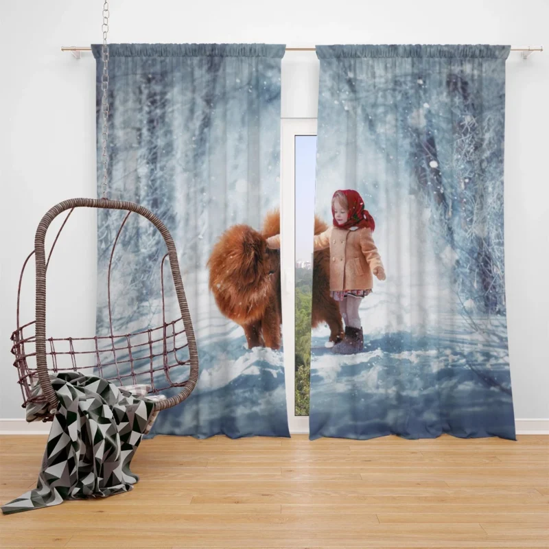 Winter Wonderland: Little Girl and Chow Chow Window Curtain