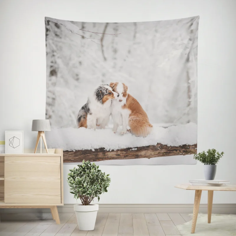 Winter Wonderland in the Snow  Australian Shepherd Wall Tapestry