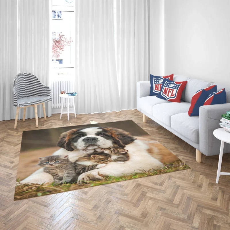 With a Playful Cat and Kitten: St. Bernard Floor Rug 2