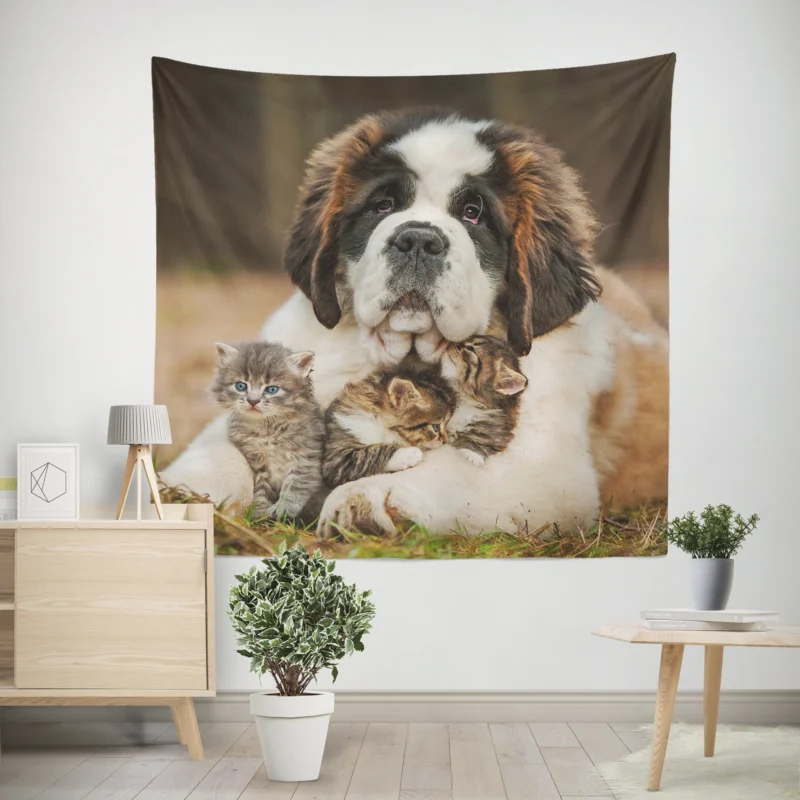 With a Playful Cat and Kitten  St. Bernard Wall Tapestry