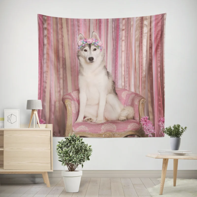 Wreath of Beauty  Siberian Husky Quartet Wall Tapestry