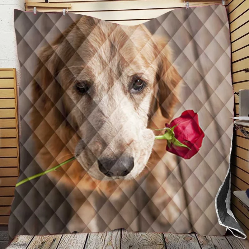 Canine and Roses: Golden Retriever Love Quilt Blanket