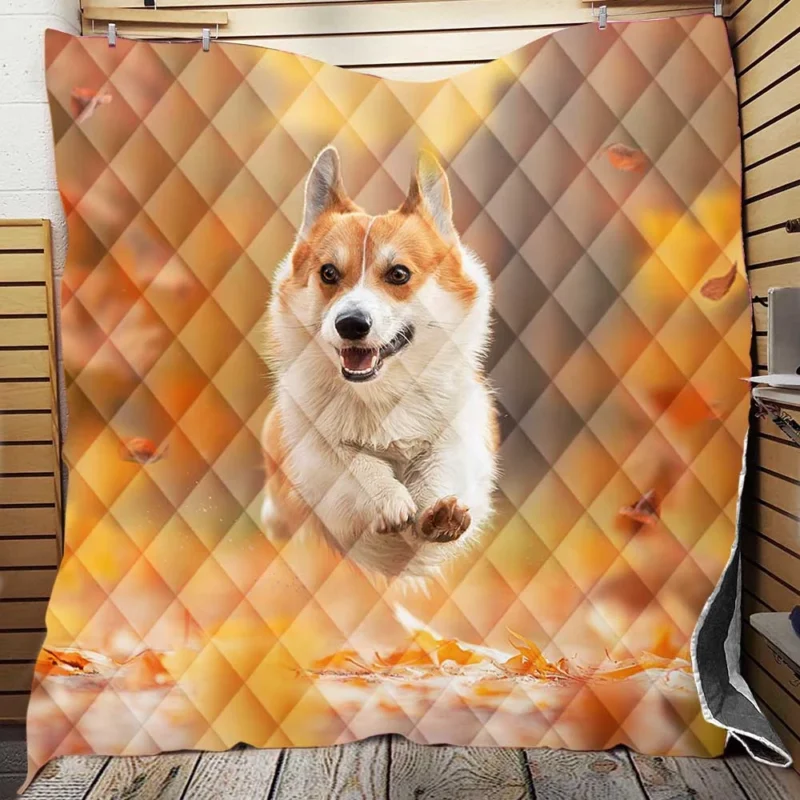 Corgi Frolicking in Fall Leaves Quartet Quilt Blanket