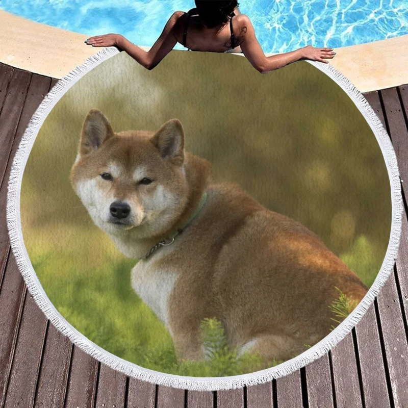 Beauty in Symmetry: Shiba Inu Quartet Round Beach Towel 1