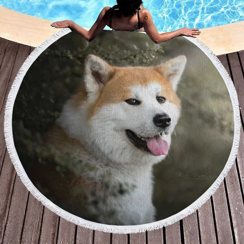 Elegance in Fourfold: The Akita Quartet Round Beach Towel 1