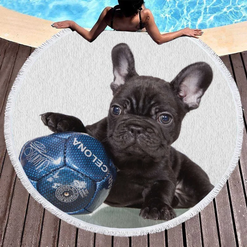 French Bulldog Ball Play: Muzzle and Puppy Fun Round Beach Towel 1