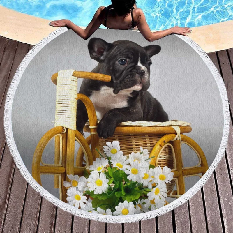 French Bulldog Puppy Love: Heartwarming Moments Round Beach Towel 1