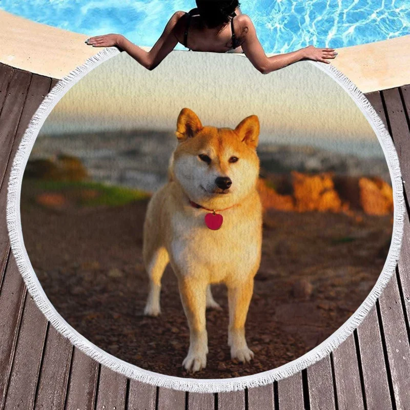 Loyal Elegance in Fourfold: The Akita Quartet Round Beach Towel 1