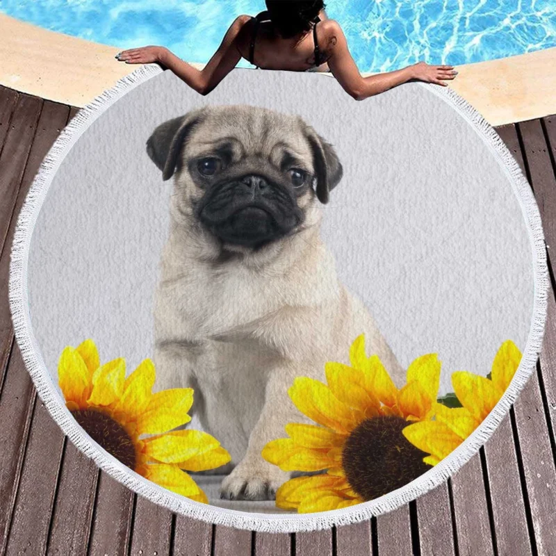 Majestic Pug Quartet: Fourfold Pug Round Beach Towel 1