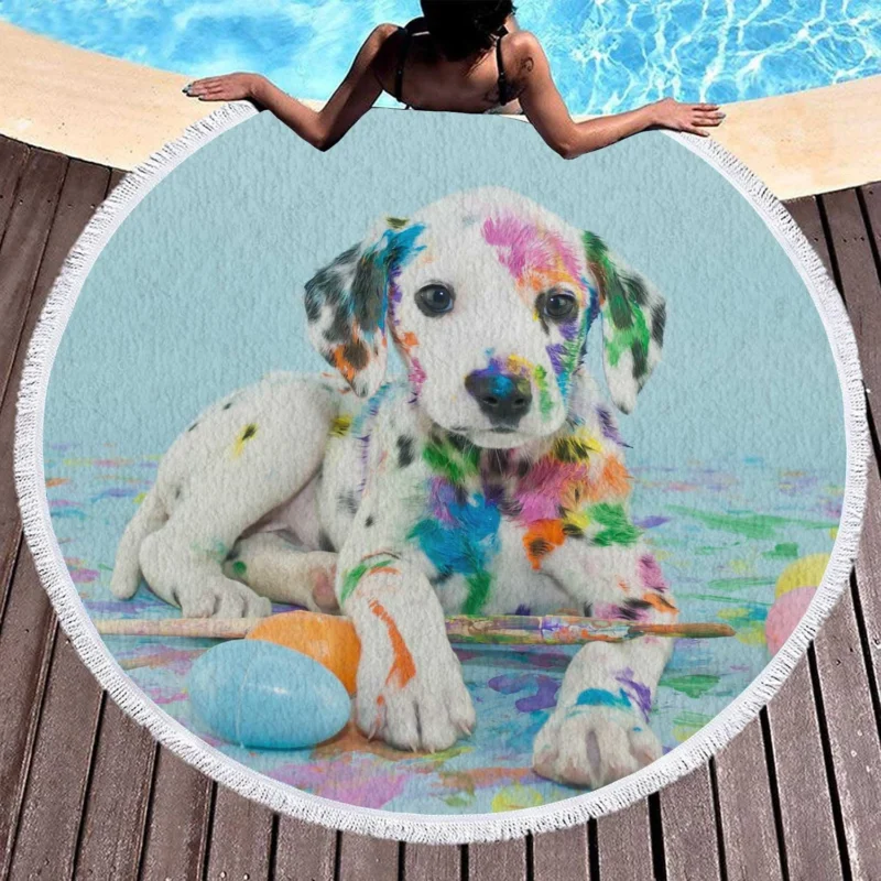 Playful Dalmatian Puppies: Dalmatian Quartet Round Beach Towel 1